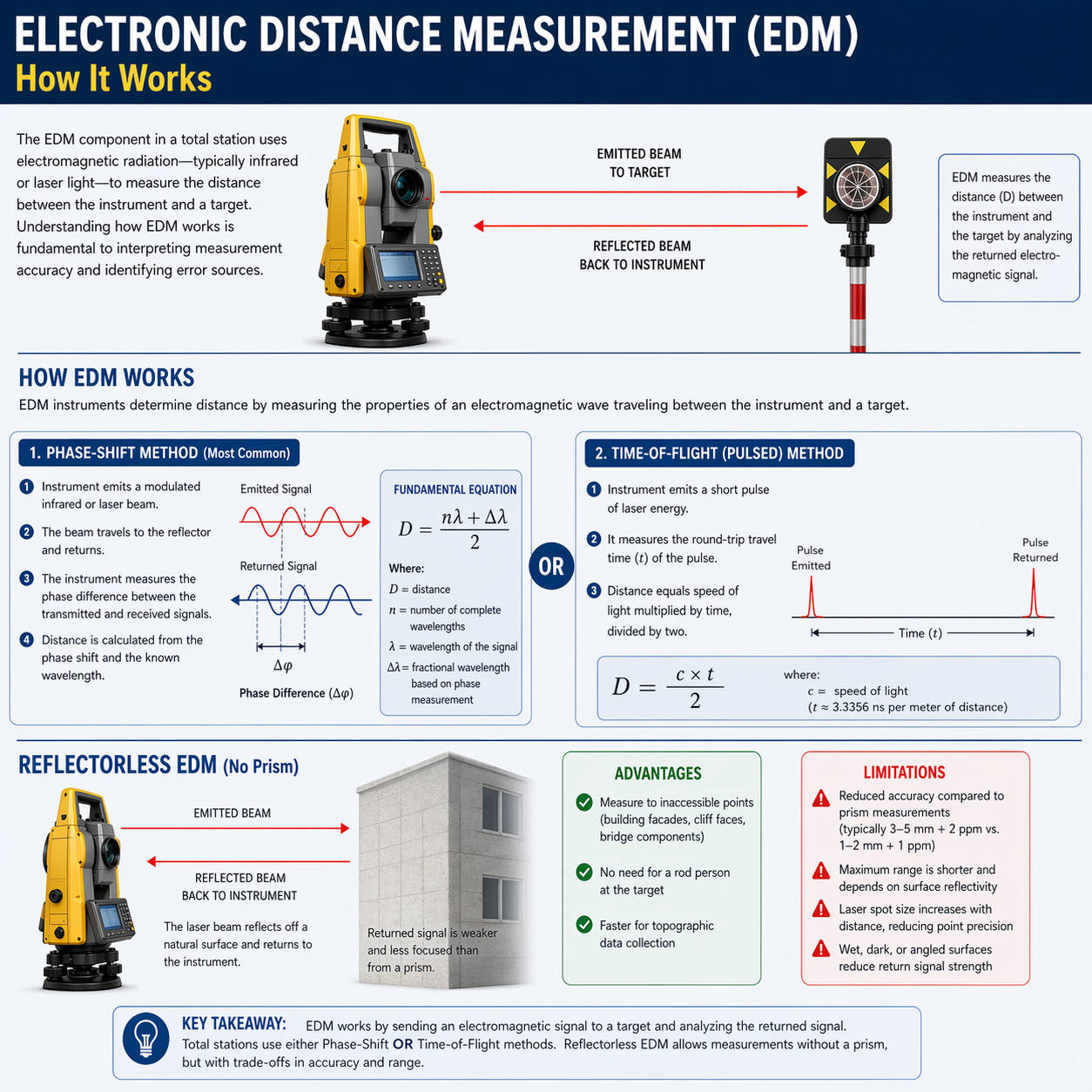 Figure FS.1.1b — Electronic Distance Measurement: phase-shift, time-of-flight, and reflectorless methods