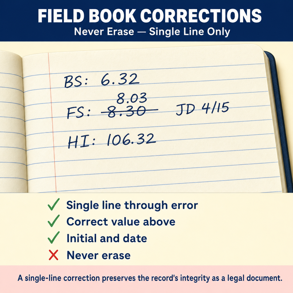 Figure FS.1.10c — Field-book correction rule: single line, initials, date