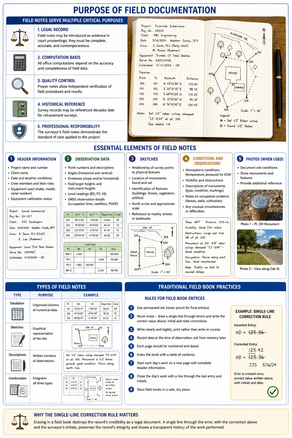 Figure FS.1.10b — Purpose of field documentation: legal record, computation basis, quality control, historical reference, professional responsibility; essential elements; field-book practices and the single-line correction rule