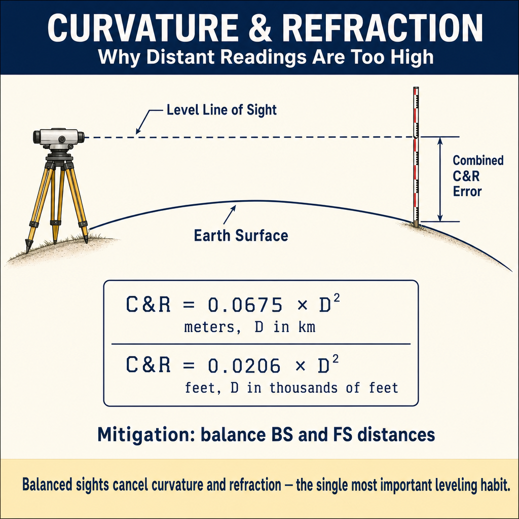 Figure FS.1.2d — Curvature and refraction error in leveling (formula and mitigation)