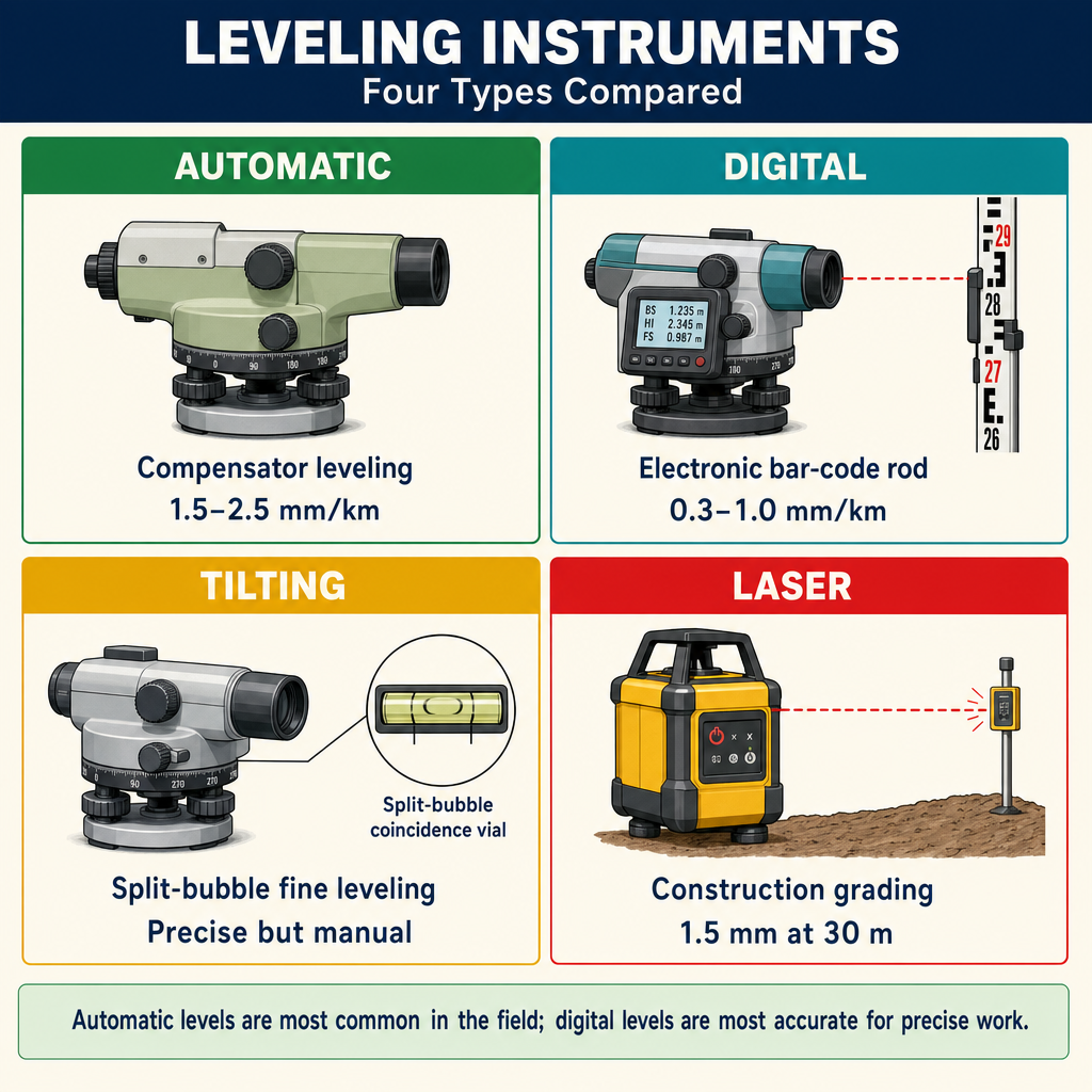 Figure FS.1.2e — Level instrument types: automatic, digital, tilting, laser