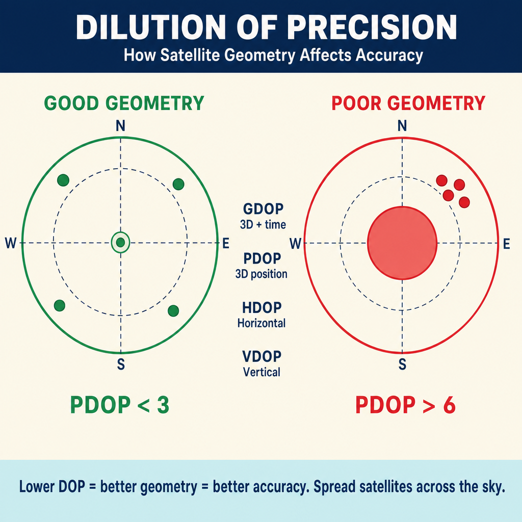 Figure FS.1.3g — DOP from satellite geometry (good vs poor sky distribution)