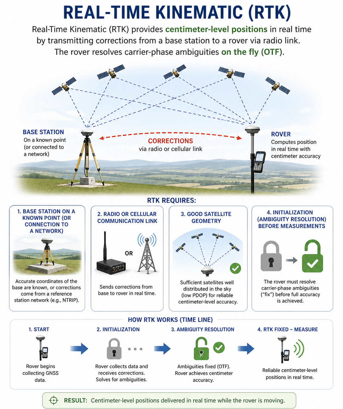 Figure FS.1.3d — Real-Time Kinematic (RTK): base/rover with radio corrections, requirements, and ambiguity-resolution timeline