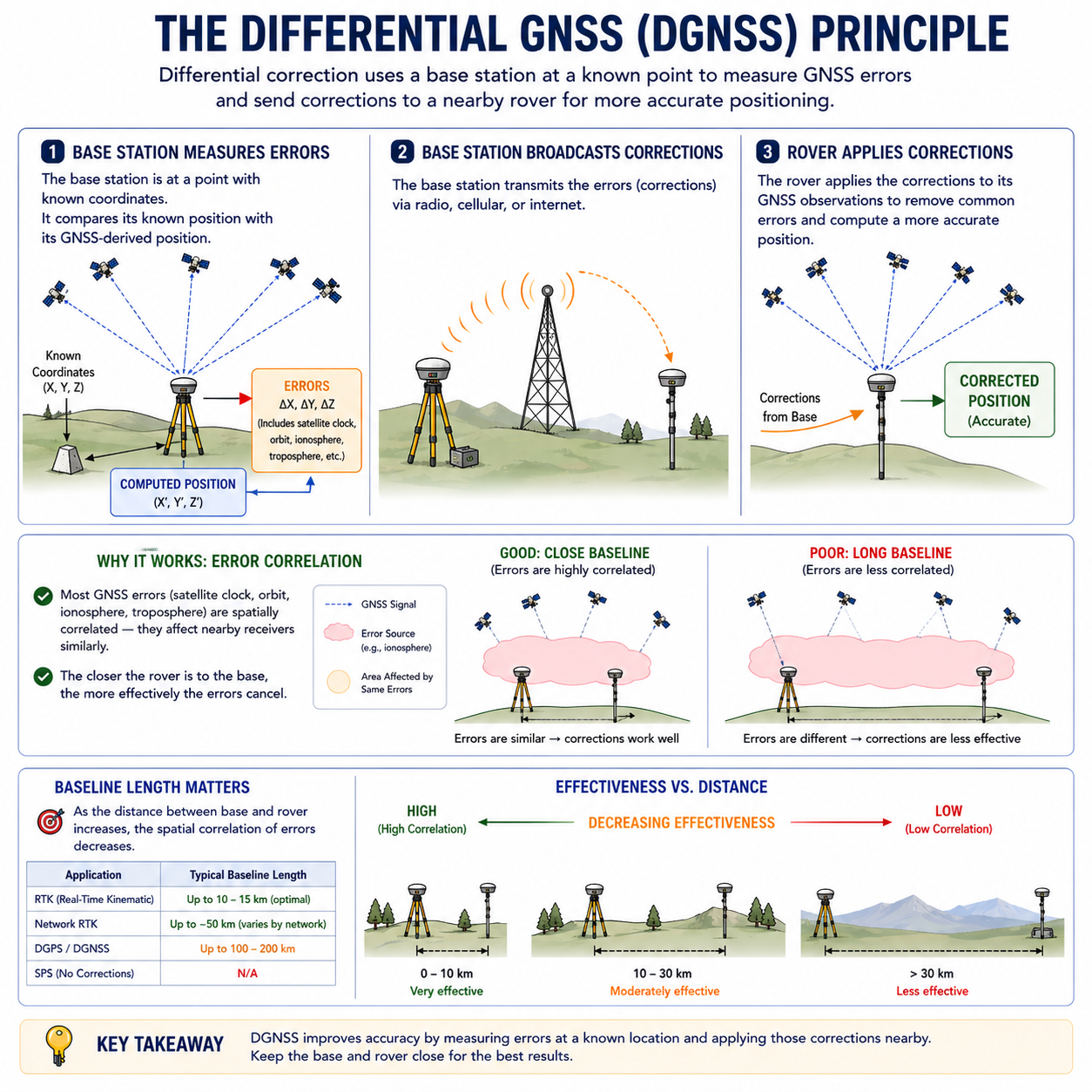 Figure FS.1.4b — DGNSS principle: base station measures errors, broadcasts corrections via radio/cellular/internet, rover applies corrections; effectiveness vs. baseline length