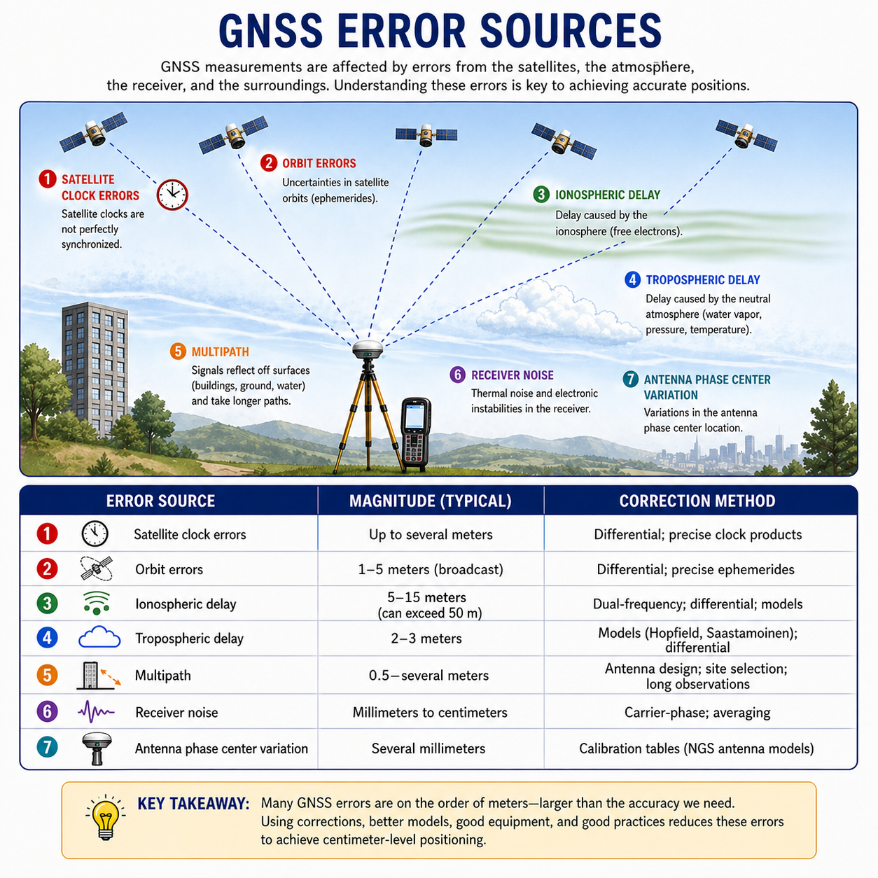 Figure FS.1.4c — GNSS error sources: satellite clock, orbit, ionospheric and tropospheric delay, multipath, receiver noise, antenna phase center variation, with typical magnitudes and correction methods