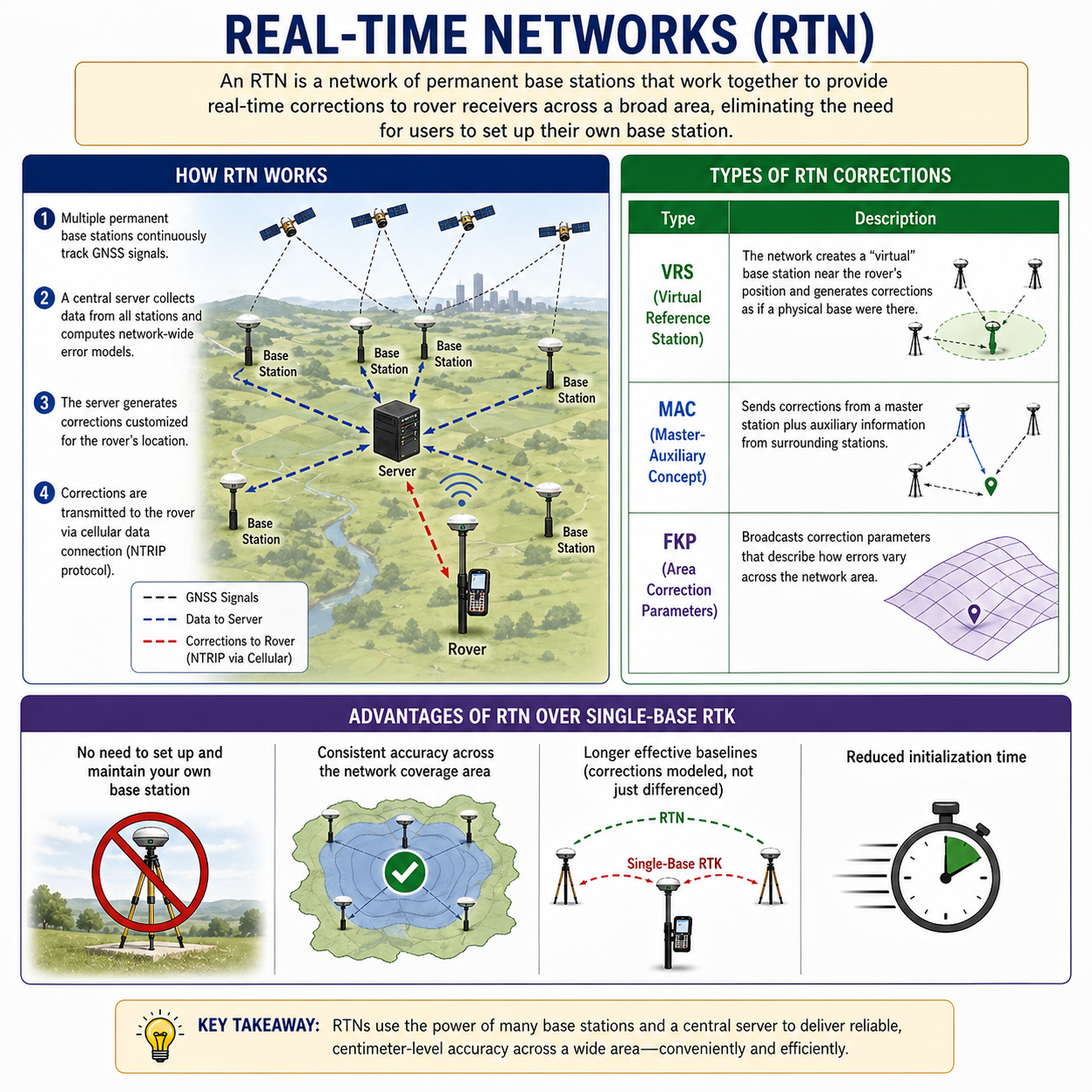 Figure FS.1.4e — Real-Time Networks (RTN): how multi-base networks work, RTN correction types (VRS, MAC, FKP), and advantages over single-base RTK