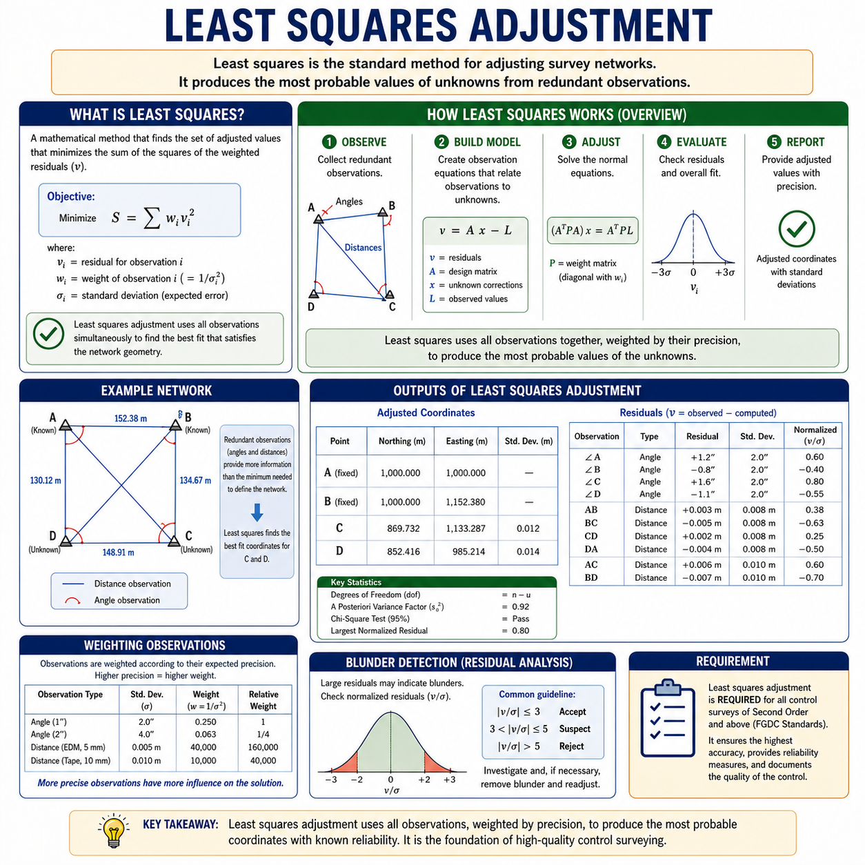 Figure FS.1.5e — Least squares adjustment: how it works, example network, weighting observations, residuals, blunder detection, FGDC requirement for second-order and above control