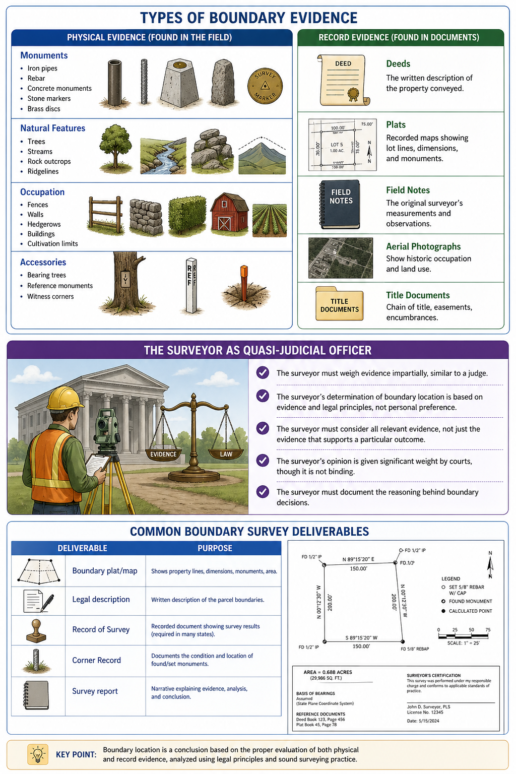 Figure FS.1.6c — Types of boundary evidence (physical: monuments, natural features, occupation, accessories; record: deeds, plats, field notes, aerials, title docs); the surveyor as quasi-judicial officer; common boundary deliverables