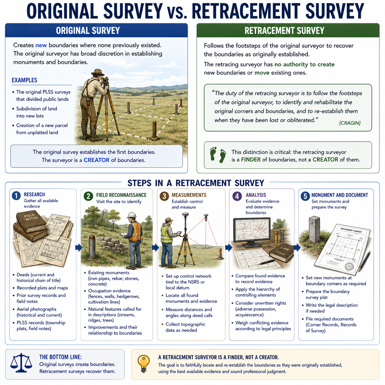 Figure FS.1.6b — Original vs. retracement survey: original creates boundaries; retracement follows the footsteps of the original surveyor (Cragin). 5-step retracement workflow.