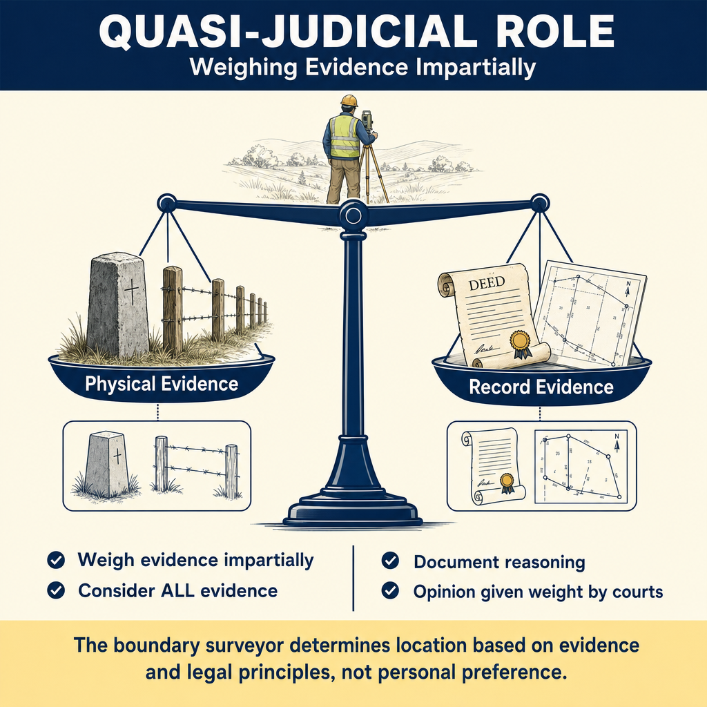 Figure FS.1.6f — The surveyor as quasi-judicial officer: weighing evidence impartially in determining boundary location