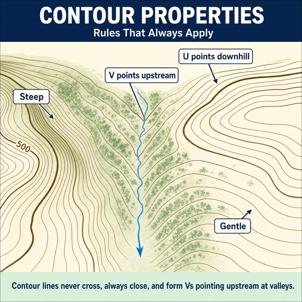 Figure FS.1.7d — Contour line properties: V upstream, U downhill, never cross