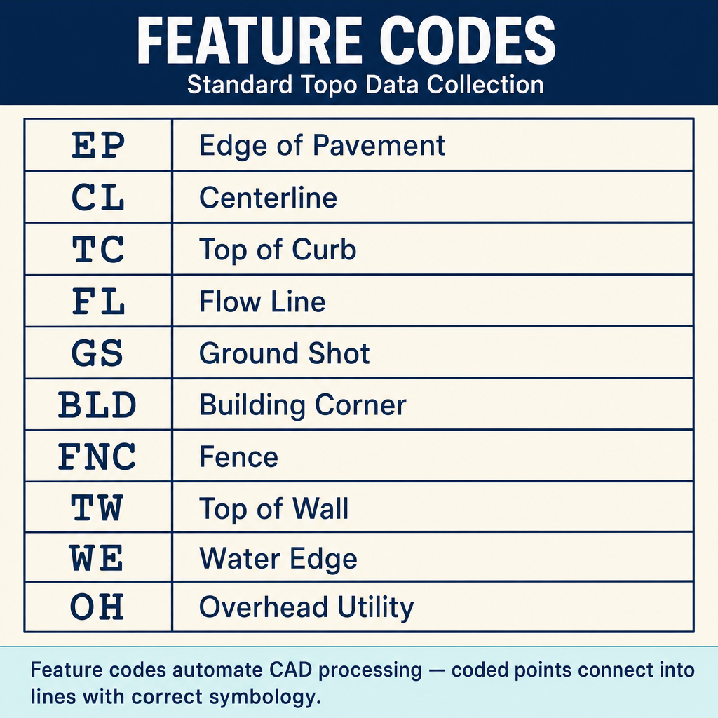 Figure FS.1.7f — Common topo feature codes (EP, CL, TC, FL, GS, BLD…)