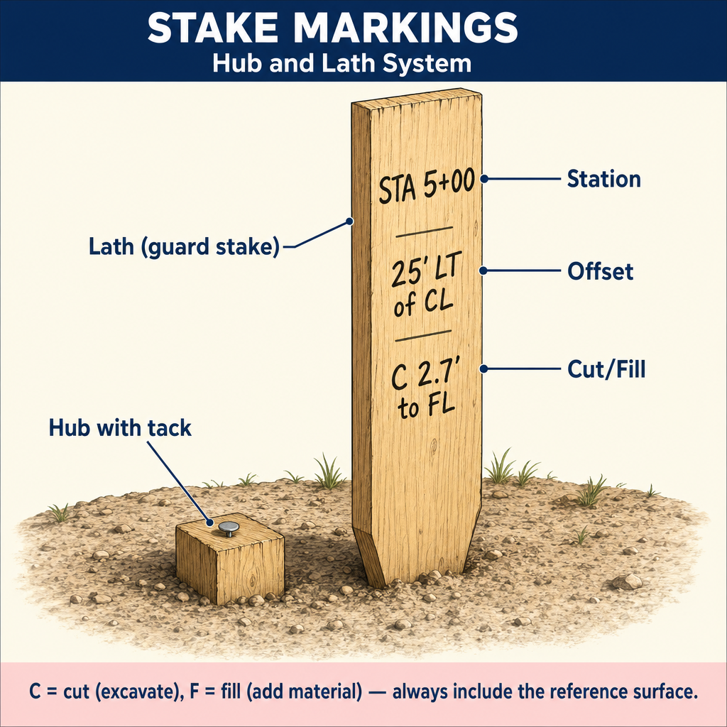 Figure FS.1.8f — Staking note conventions: station, offset, cut/fill markings