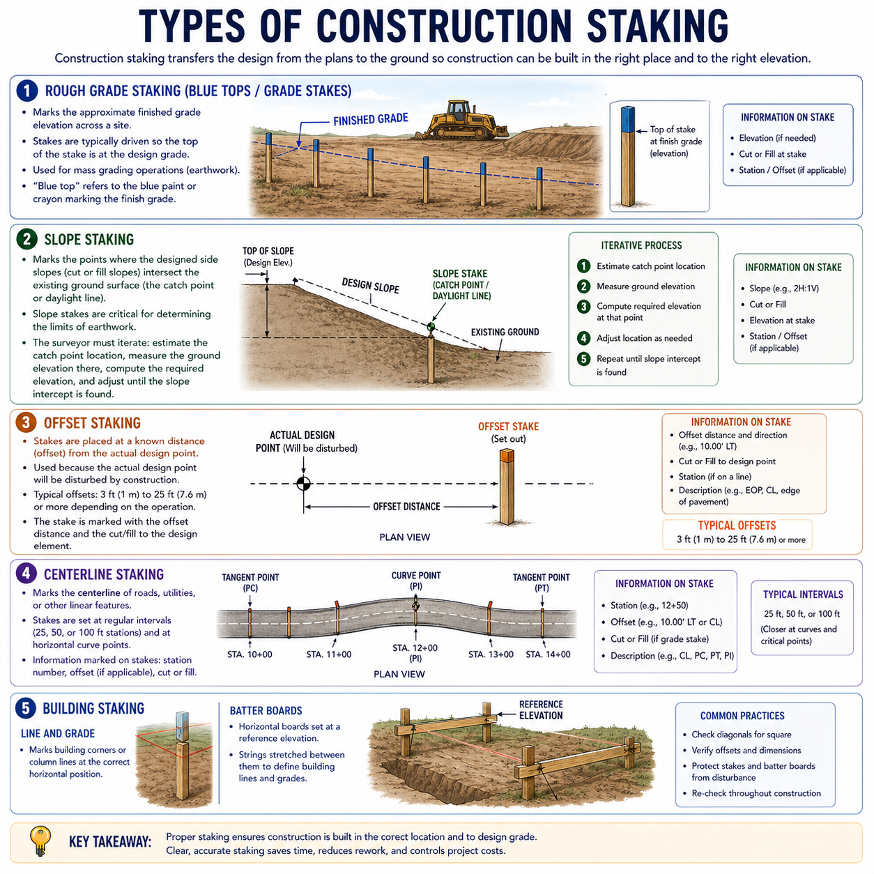 Figure FS.1.8b — Five primary types of construction staking: rough-grade (blue tops), slope, offset, centerline, building (line and grade with batter boards)