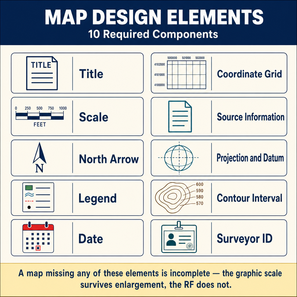 Figure FS.2.1e — Ten standard map elements (title, scale, north arrow, etc.)