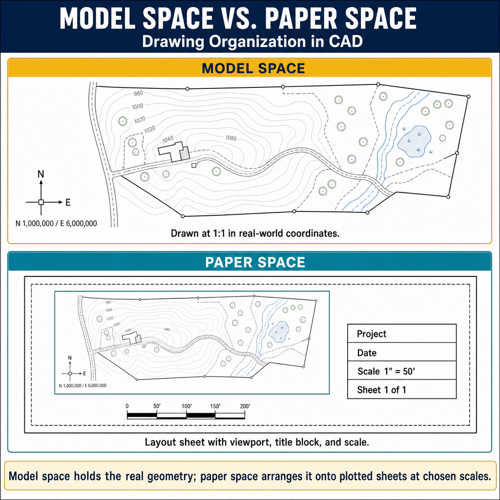 Figure FS.2.4c — Model space vs. paper space: real coordinates vs. plotted layout.
