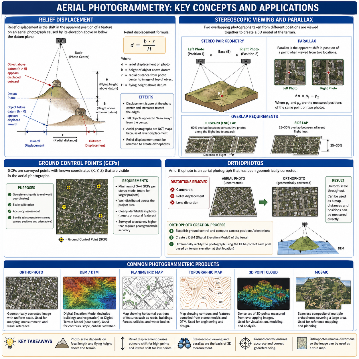 Figure FS.2.7c — Aerial photogrammetry applications: relief displacement formula; stereo pair geometry and parallax; overlap requirements (60% forward, 25-30% side); orthophoto creation; common photogrammetric products