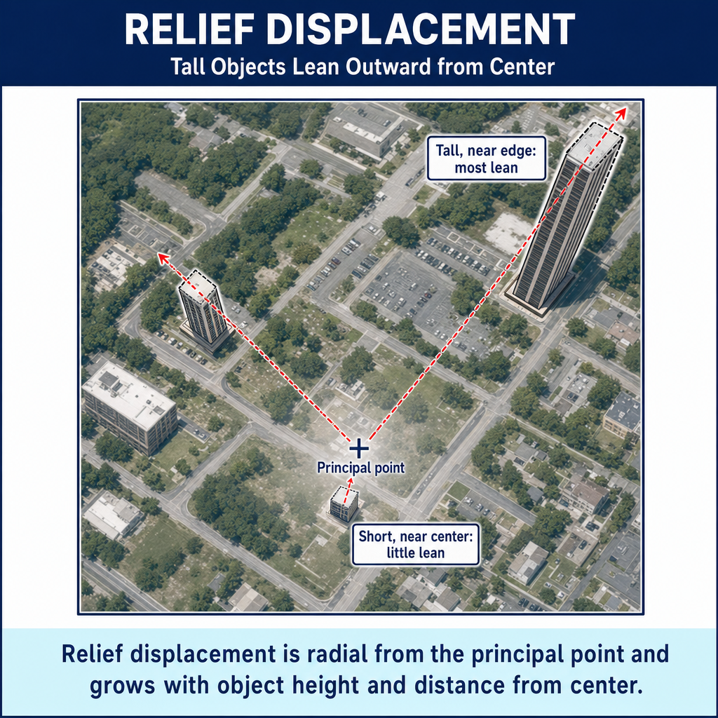 Figure FS.2.7d — Relief displacement: tall objects lean radially outward from the photo center.