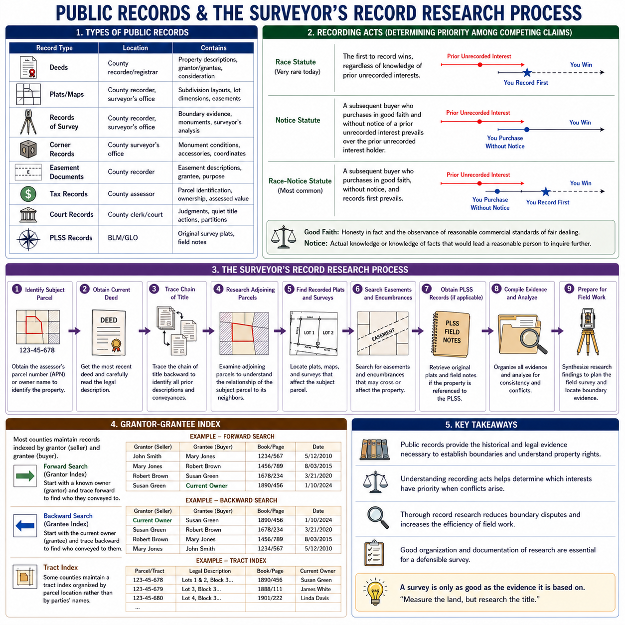 Figure FS.3.1c — Public records & the surveyor's record research process: 8-step workflow from identifying subject parcel through synthesizing evidence; grantor-grantee and tract indexes