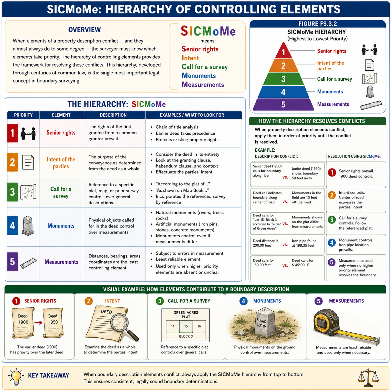 Figure FS.3.2 — SICMoMe hierarchy: Senior rights, Intent of the parties, Calls for a survey, Monuments, Measurements — with conflict-resolution examples and visual walk-through