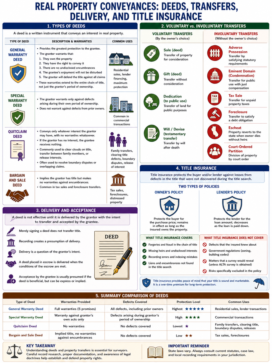 Figure FS.3.5c — Real property conveyances: deed types compared; voluntary (sale, gift, dedication, will) vs. involuntary (adverse possession, eminent domain, tax sale, foreclosure, escheat, partition); title insurance owner vs. lender policies