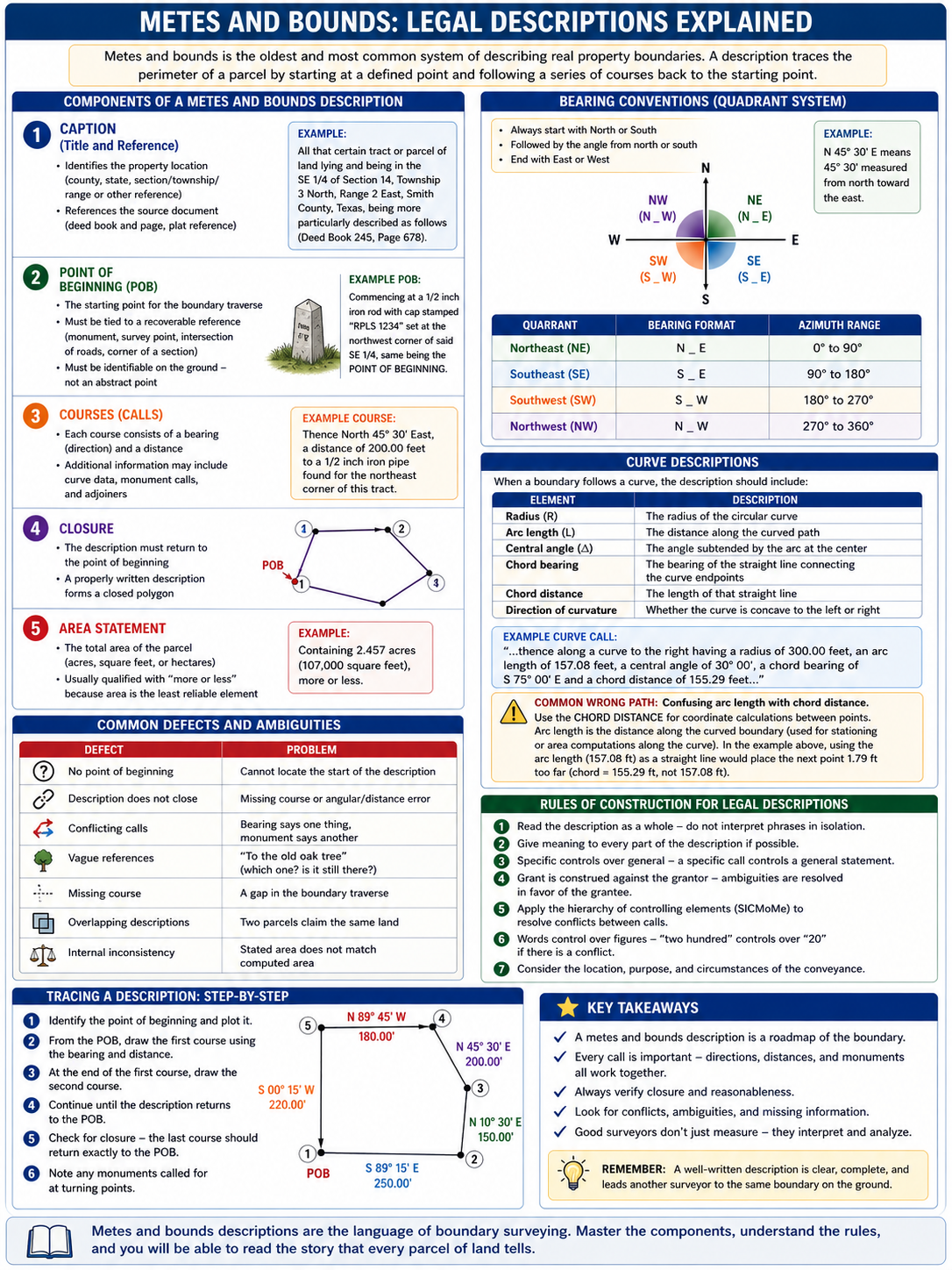 Figure FS.3.6 — Metes and bounds: components (caption, POB, courses, closure, area), bearing conventions (quadrant system), curve descriptions, common defects, rules of construction, step-by-step tracing