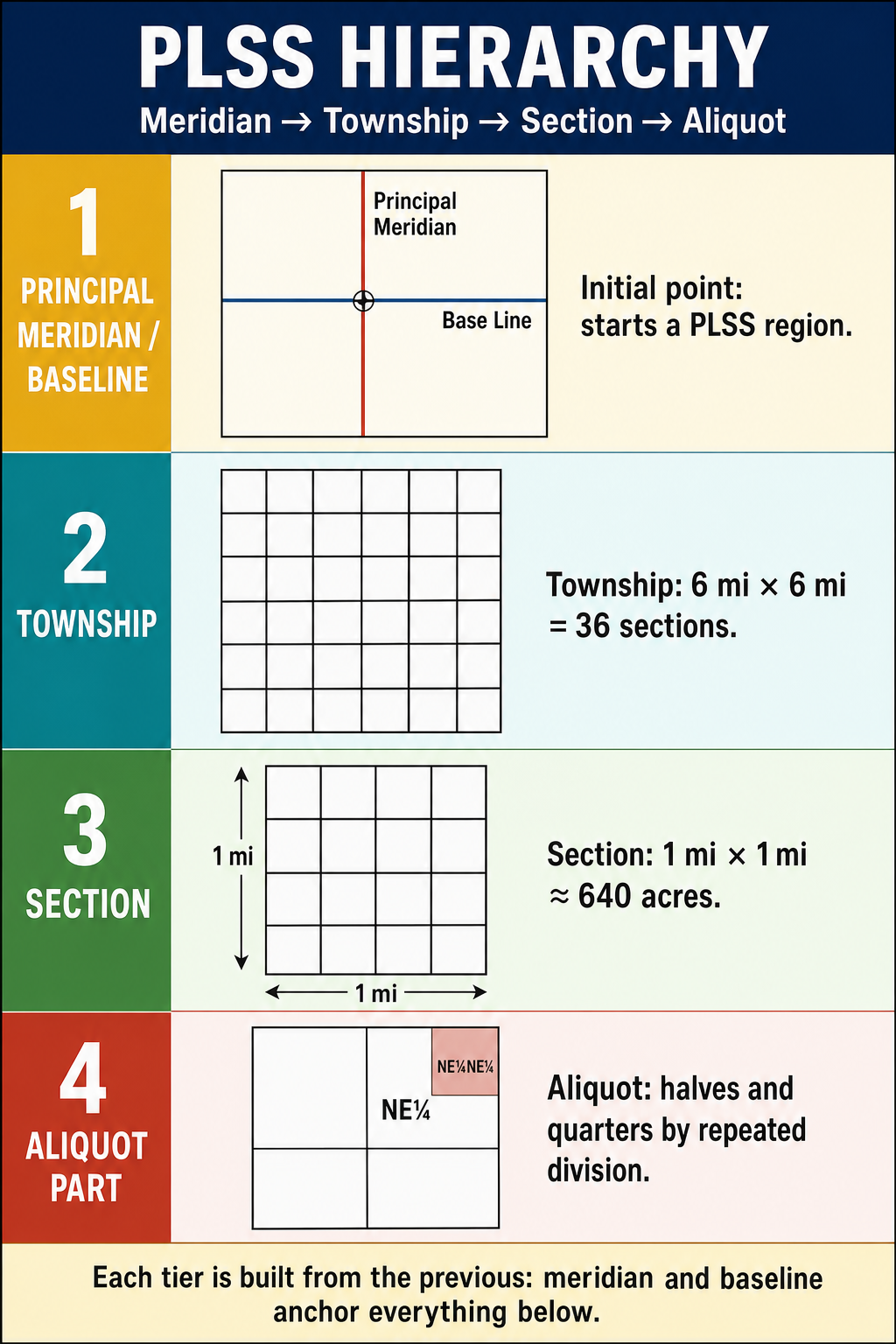 Figure FS.3.7 — PLSS hierarchy: principal meridian → township → section → aliquot part.