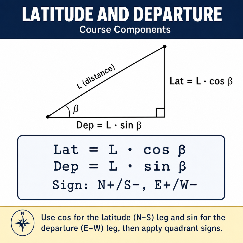 Figure FS.4.1f — Lat = L·cos β; Dep = L·sin β with quadrant signs