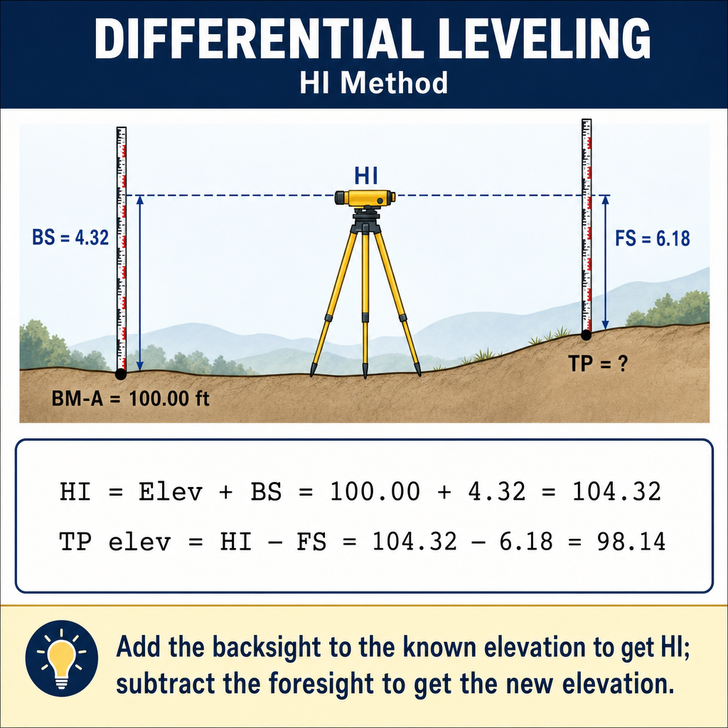 Figure FS.4.2c — Differential leveling: HI = BM + BS; Elev = HI − FS