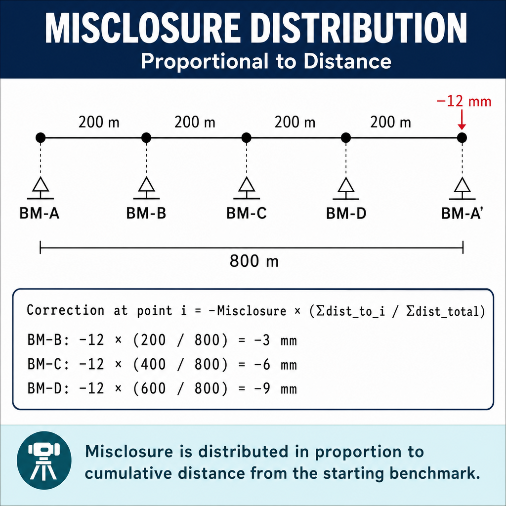 Figure FS.4.2c — Distribute level misclosure proportional to distance.