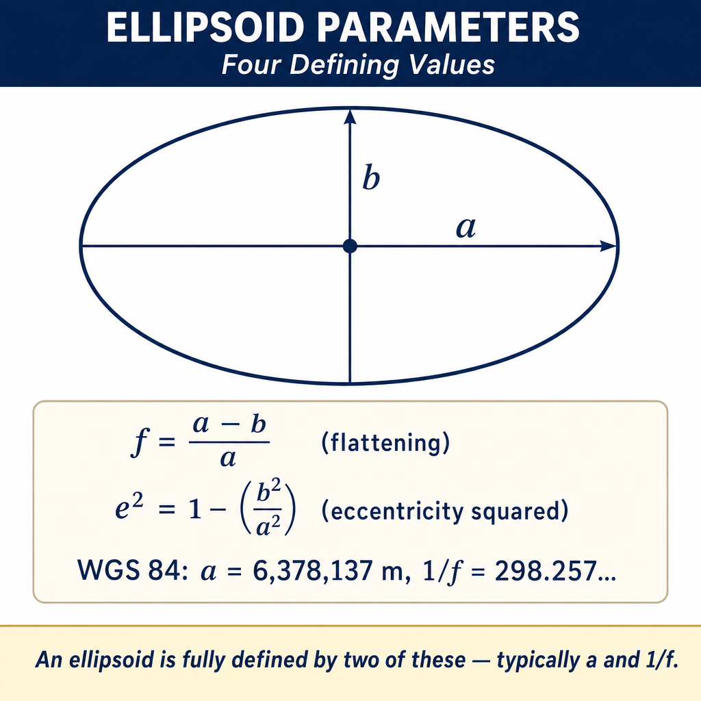 Figure FS.4.4c — Ellipsoid parameters (a, b, f, e²) for WGS 84