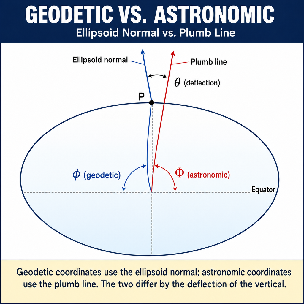Figure FS.4.4c — Geodetic latitude (normal to ellipsoid) vs. astronomic latitude (plumb line).
