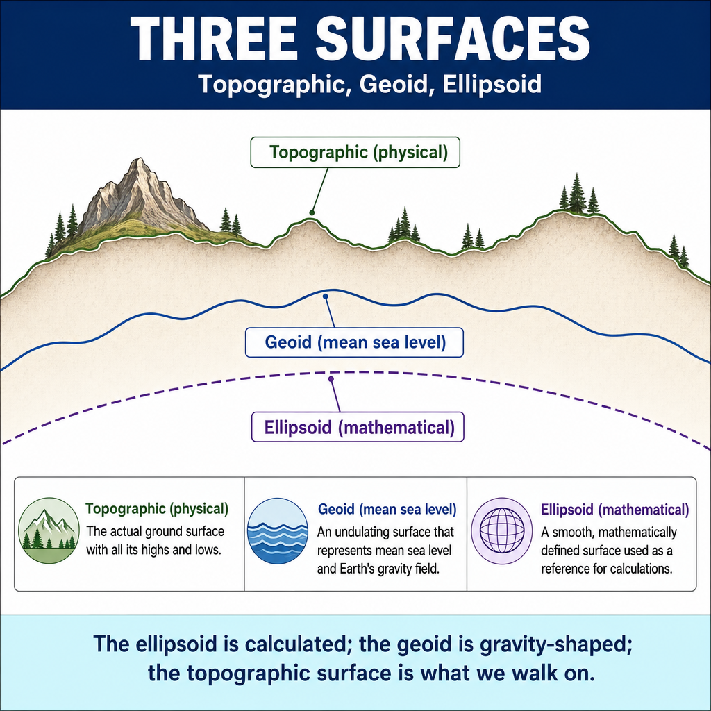 Figure FS.4.4e — Topographic / geoid / ellipsoid reference surfaces