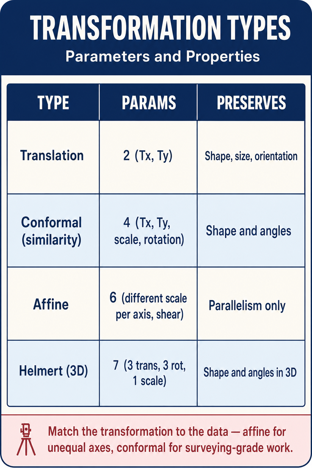 Figure FS.4.8e — Translation / Conformal / Affine / Helmert 3D summary