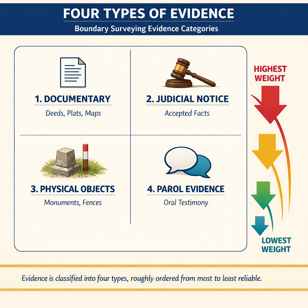 Figure PS.1.16 — Four types of evidence (documentary, judicial notice, physical, parol)