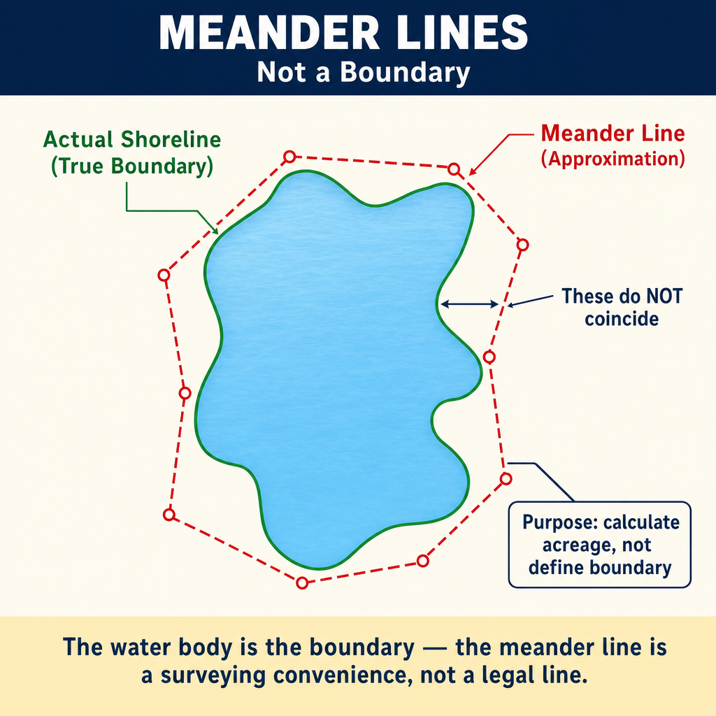 Figure PS.1.47 — Meander line is surveying convenience, not the boundary