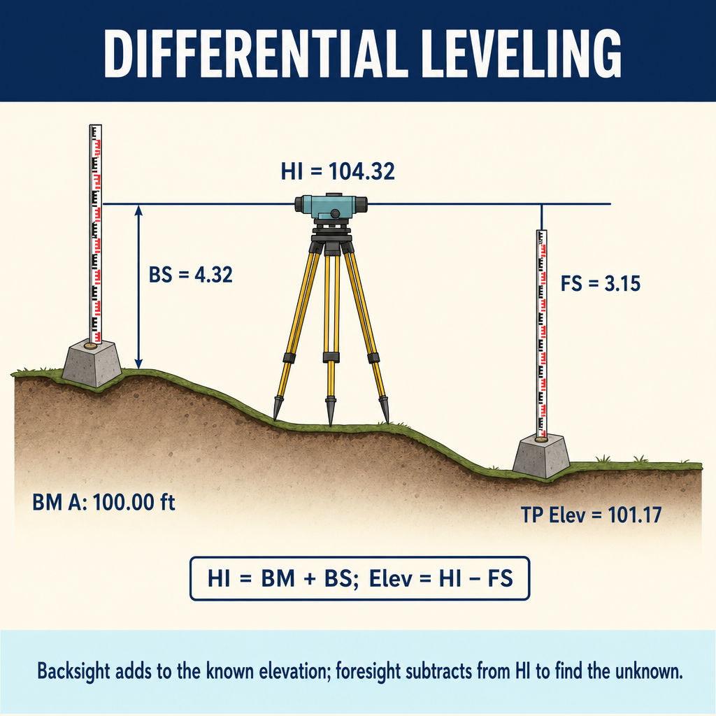 Figure PS.2.17 — Differential leveling math: HI = BM + BS, Elev = HI − FS