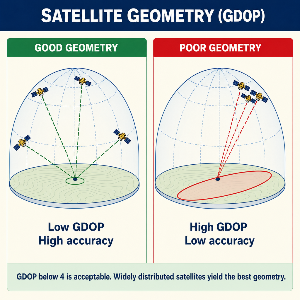 Figure PS.2.25 — Good vs poor satellite geometry (GDOP)