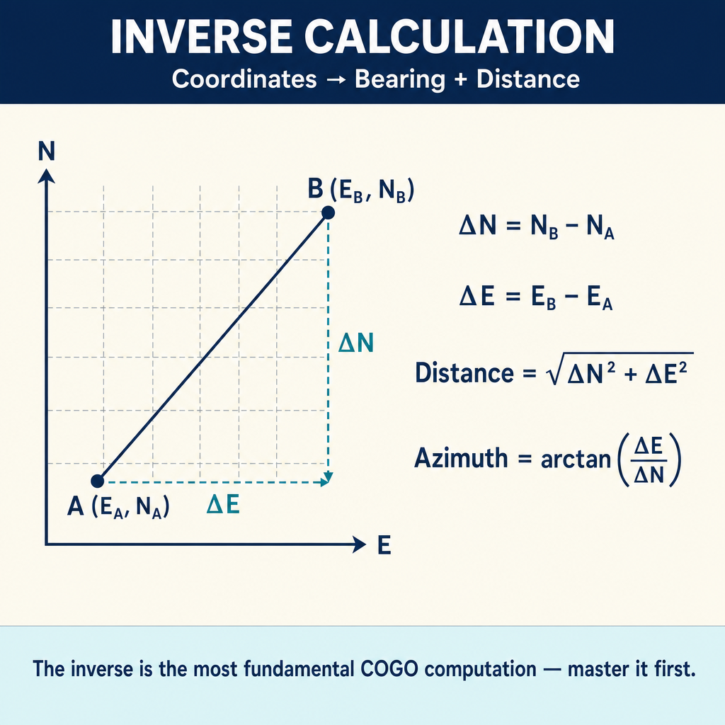 Figure PS.2.27 — COGO inverse: distance and azimuth between two points