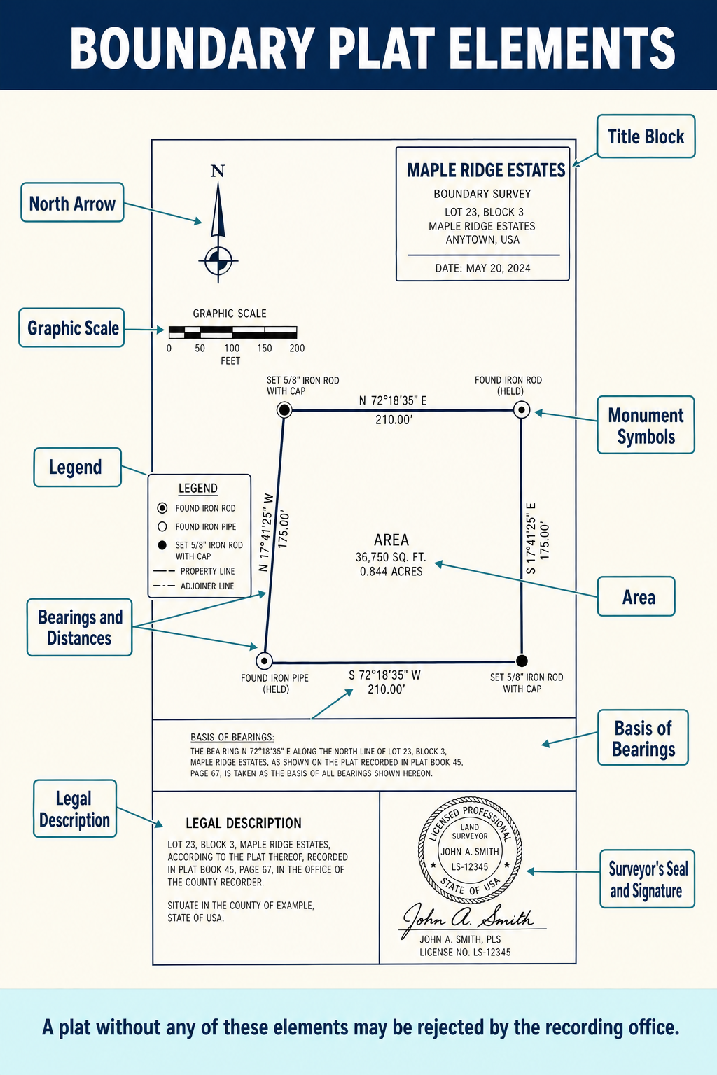 Figure PS.2.36 — Sample plat with all standard elements called out