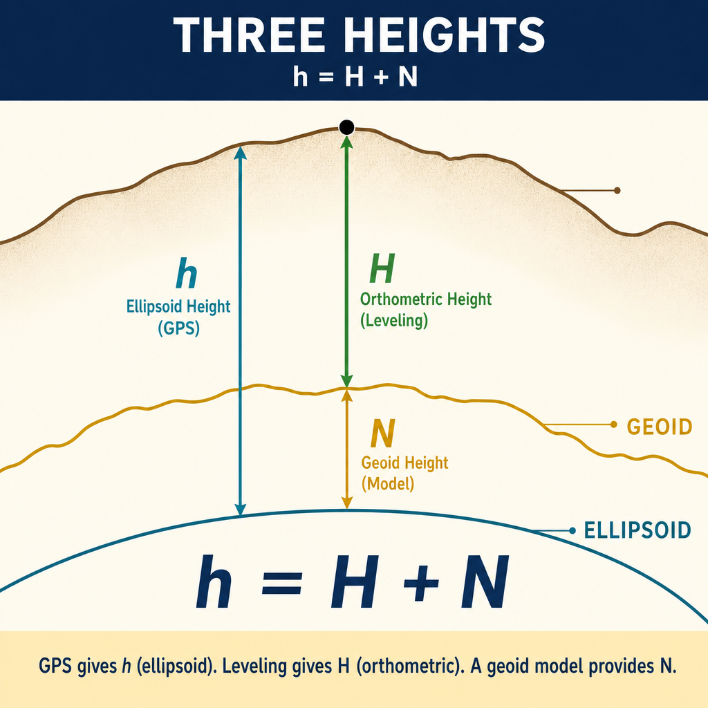 Figure PS.2.43 — Three height systems: ellipsoidal / orthometric / geoidal